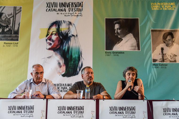 Cristòfol Soler (Sobiranistes de Mallorca), Toni Infante (Plataforma pel Dret a Decidir del País Valencià) i Àngels Folch (ANC)