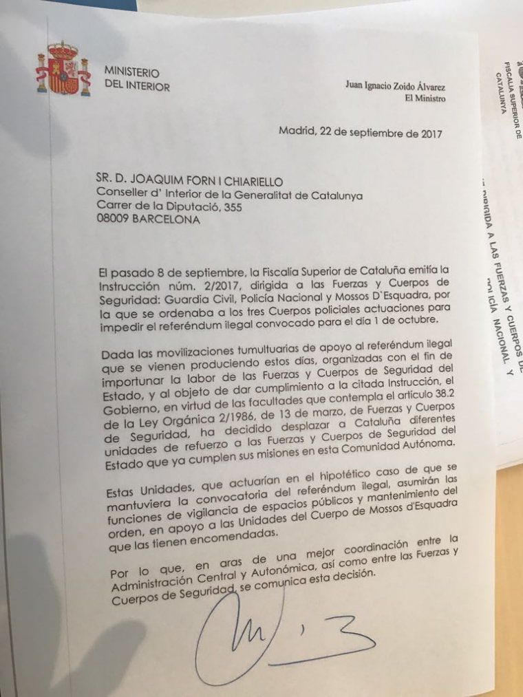 La carta que Zoido ha enviat a Forn