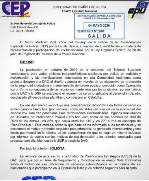La carta del CEP al Consell de Policia per queixar-se de la retallada de sou dels UIP destinats a Catalunya/CEP La carta del CEP al Consell de Policia per queixar-se de la retallada de sou dels UIP destinats a Catalunya/CEP