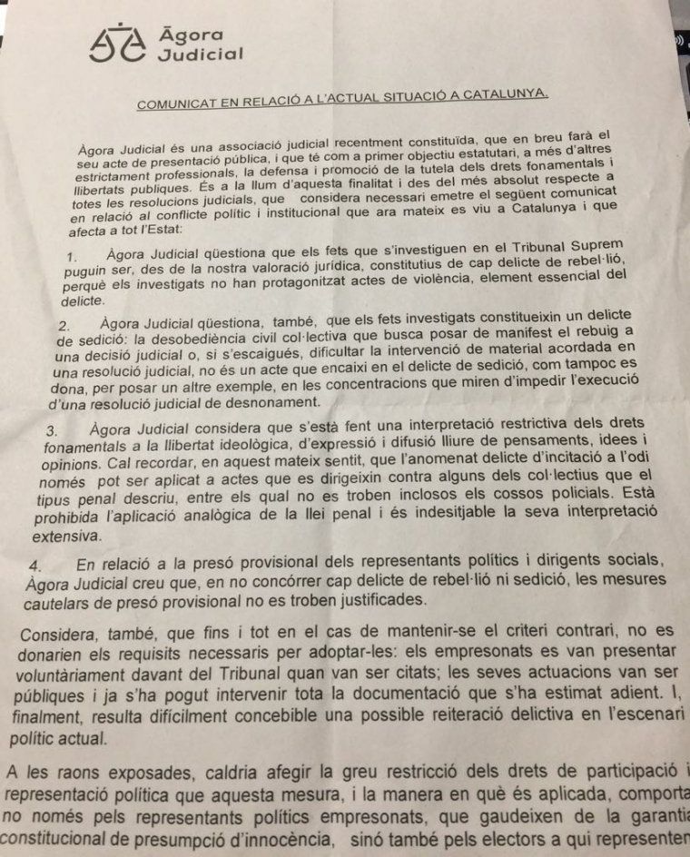 El comunicat d'Àgora Judicial