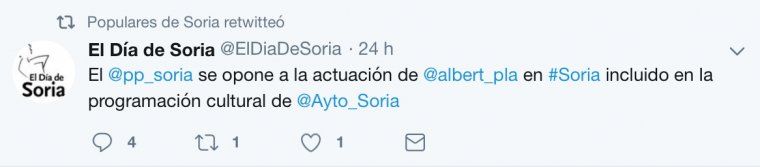 El Twitter oficial del PP de Soria comparteix la not&iacute;cia