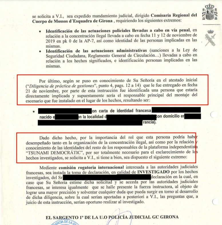 Una de les parts del sumari del Tsunami a la Jonquera on la Guàrdia Civil detalla del primer sospitós Una de les parts del sumari del Tsunami a la Jonquera on la Guàrdia Civil detalla del primer sospitós