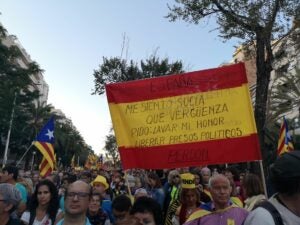 Una bandera espanyola simula demanar "perd?"
