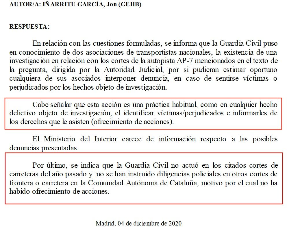 La respuesta parlamentaria sobre el ánimo a denunciar los manifestantes