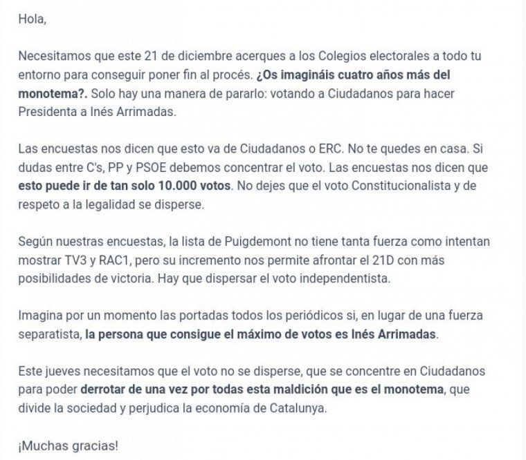 Text complet del correu electrònic enviat massivament abans del 21-D