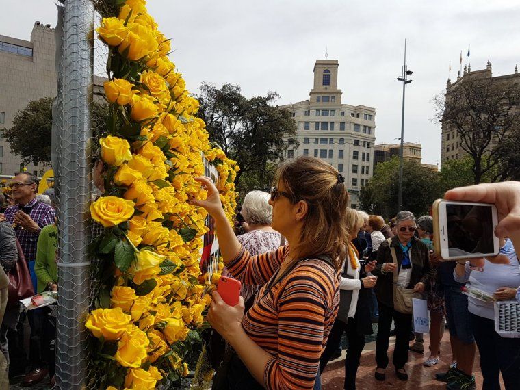 Una dona deixa una rosa groga a la Plaça de Catalunya