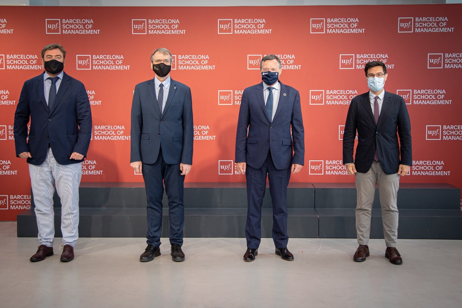 El director general de la UPF-BSM, José M. Martínez-Sierra; el rector de la UPF, Oriol Amat; el president d'Agbar, Àngel Simon; i el professor Toni Aira / Cedida