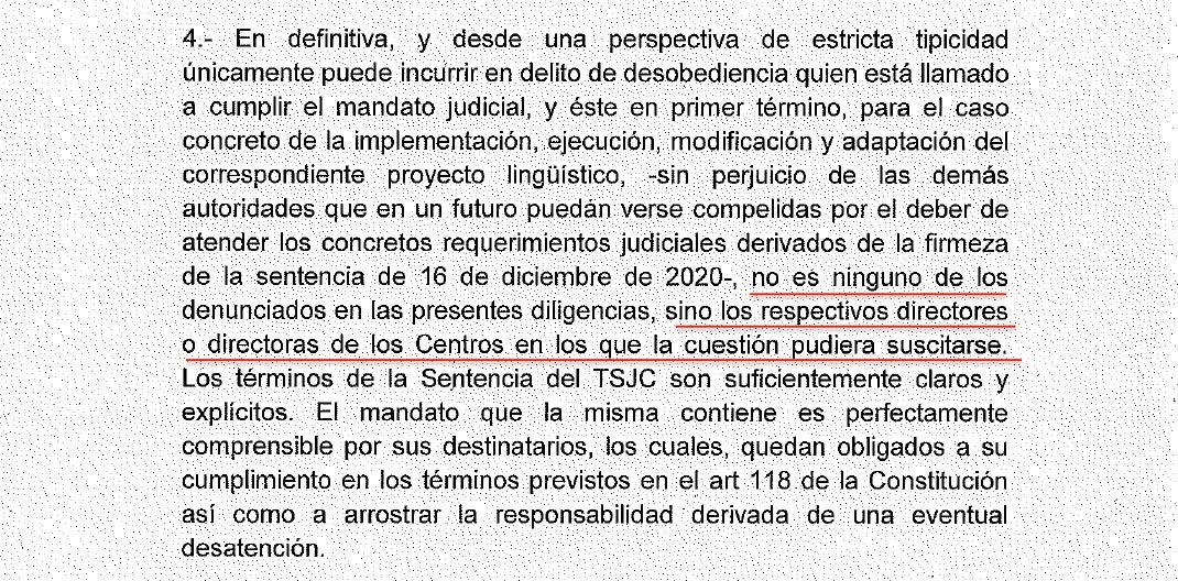 Part de l'escrit de Fiscalia on recorda que qui té l'obligació de complir amb el 25% són els directors dels centres/QS