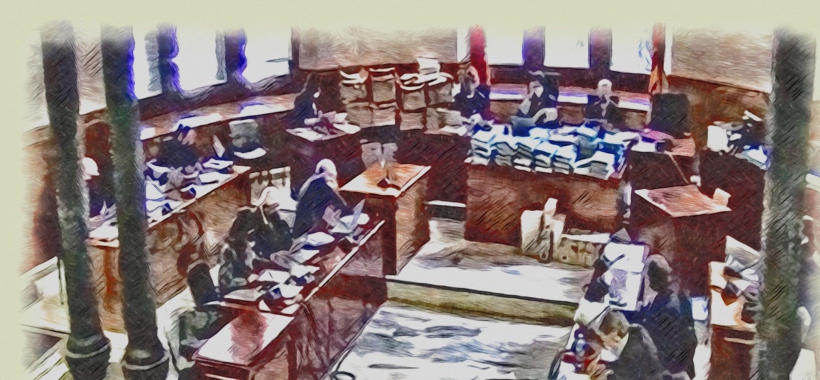 El tribunal, defenses i acusacions en un moment de la vista d'aquesta setmana a l'Audiència de Barcelona/QS-Graphite