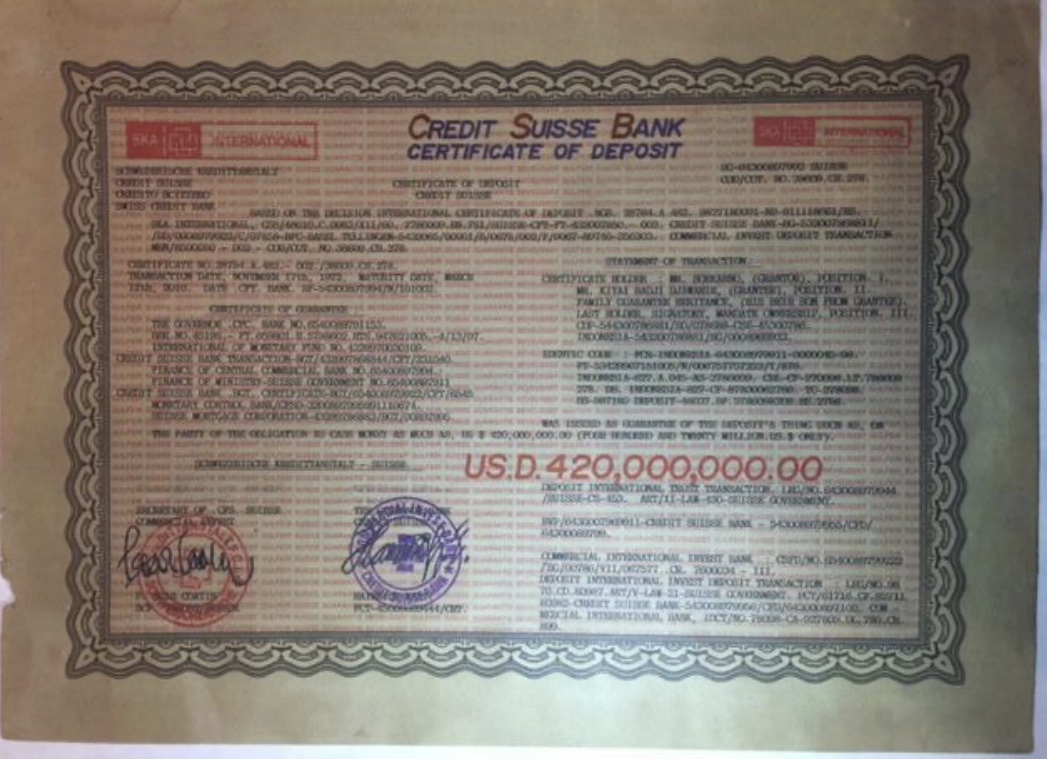 El famós certificat de bons de 420 milions de dòlars que va rebre Tarradellas/Quico Sallés