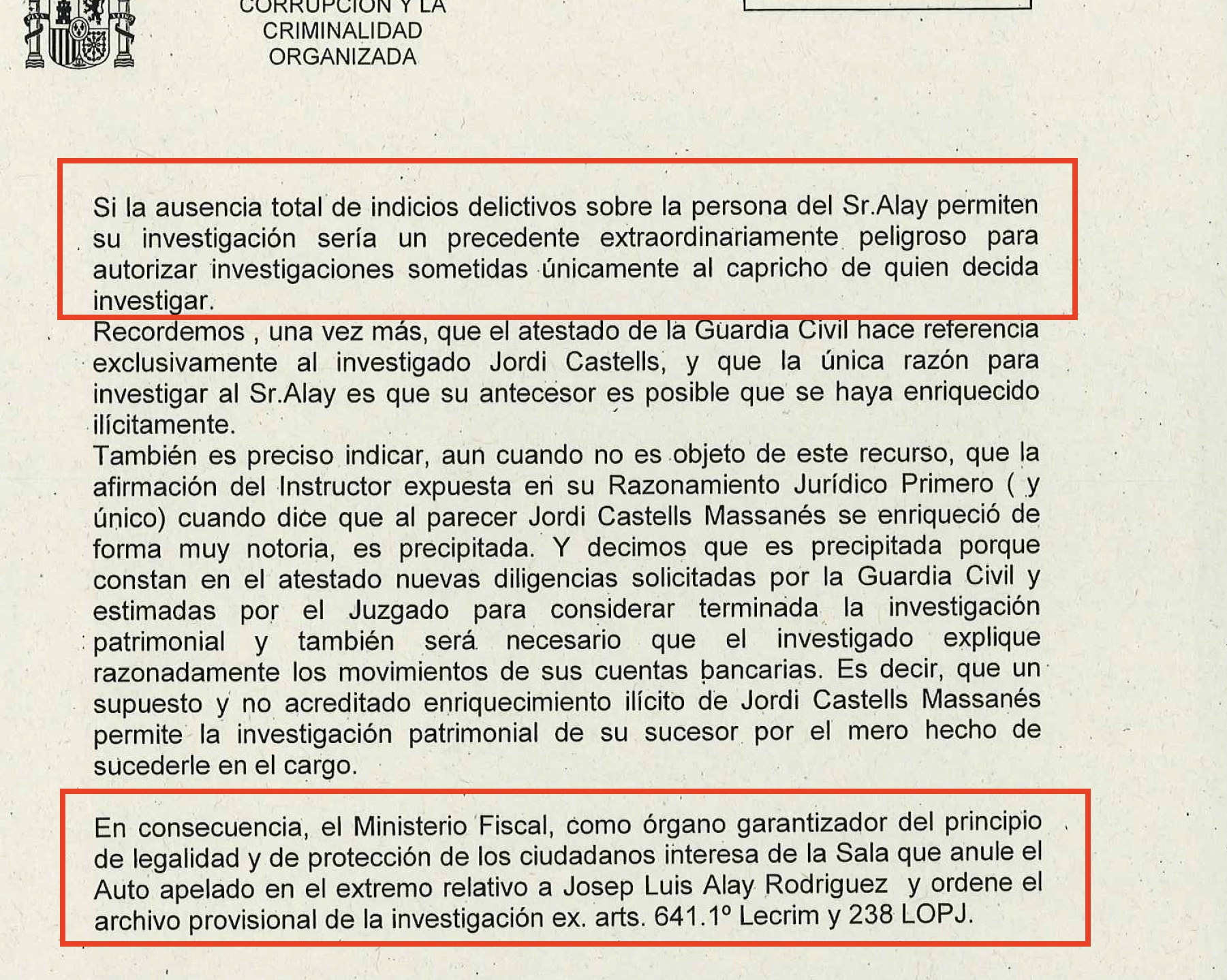 Part del recurs del fiscal amb què carrega contra el jutge del Volhov per voler investigar el patrimoni d'Alay/Quico Sallés