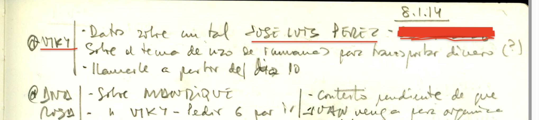 Part de l'agenda de Villarejo on destaca el 8 de gener que Vicky li proposa parlar amb Pérez sobre Rosell/Quico Sallés