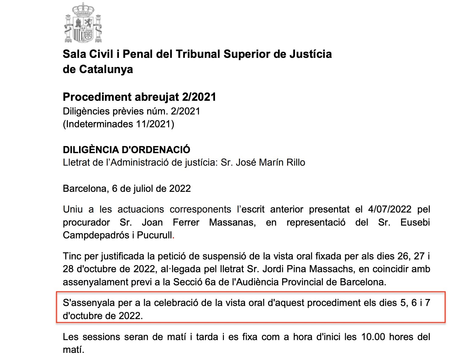 Diligència de notificació del darrer canvi de judici de la mesa de Torrent/Quico Sallés