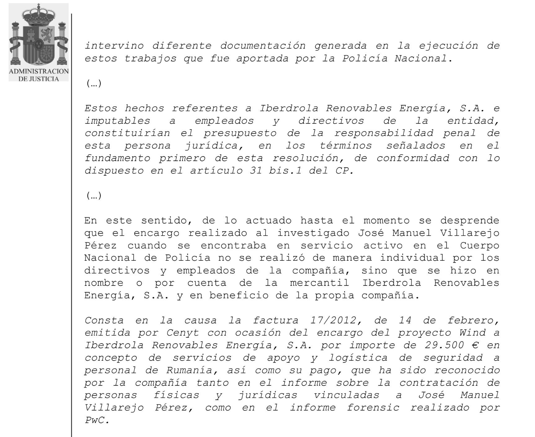 Part de la interlocutòria de García Castellón on exonera per prescripció la causa Tàndem contra Iberdrola/QS