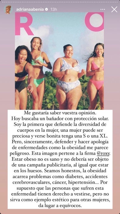 Adriana Abenia critica publicitat amb noies grasses - Instagram