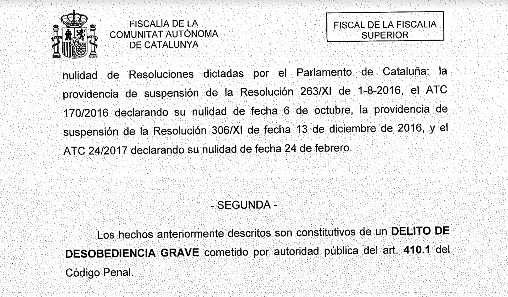 Part de la qualificació de Fiscalia contra l'exconsellera Meritxell Serret/QS