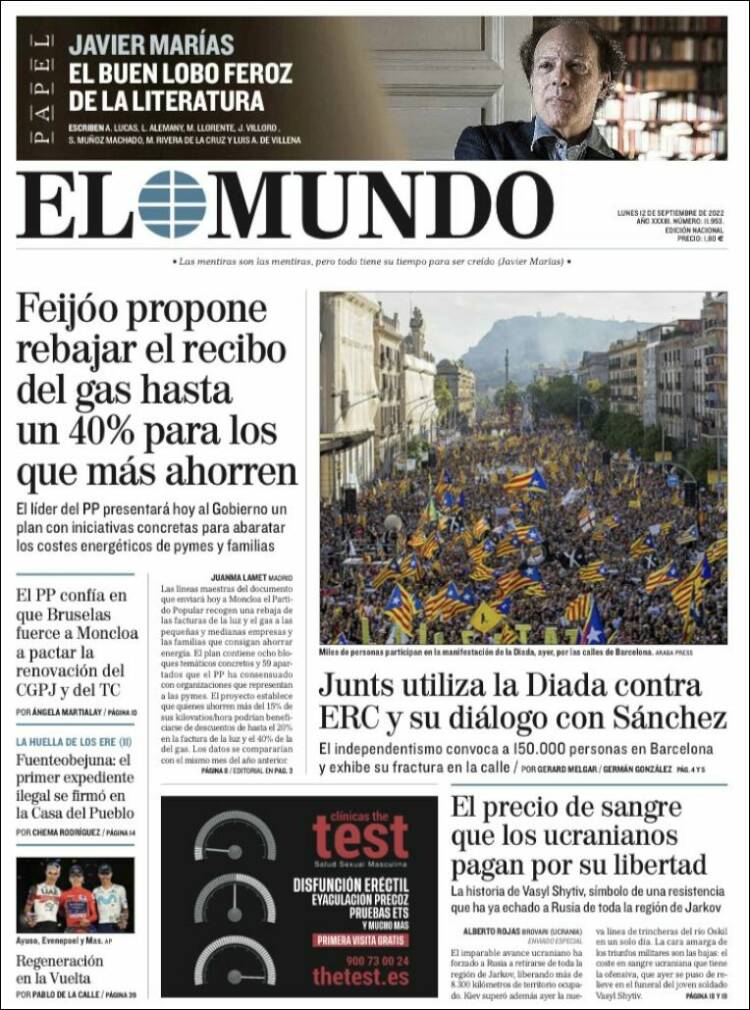 Portada del diari El Mundo el 12 de setembre de 2022