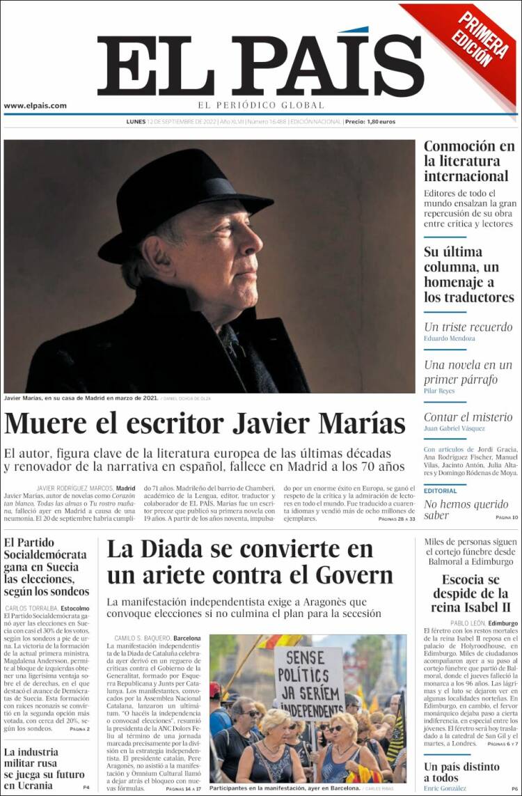 Portada del diari El País el 12 de setembre de 2022