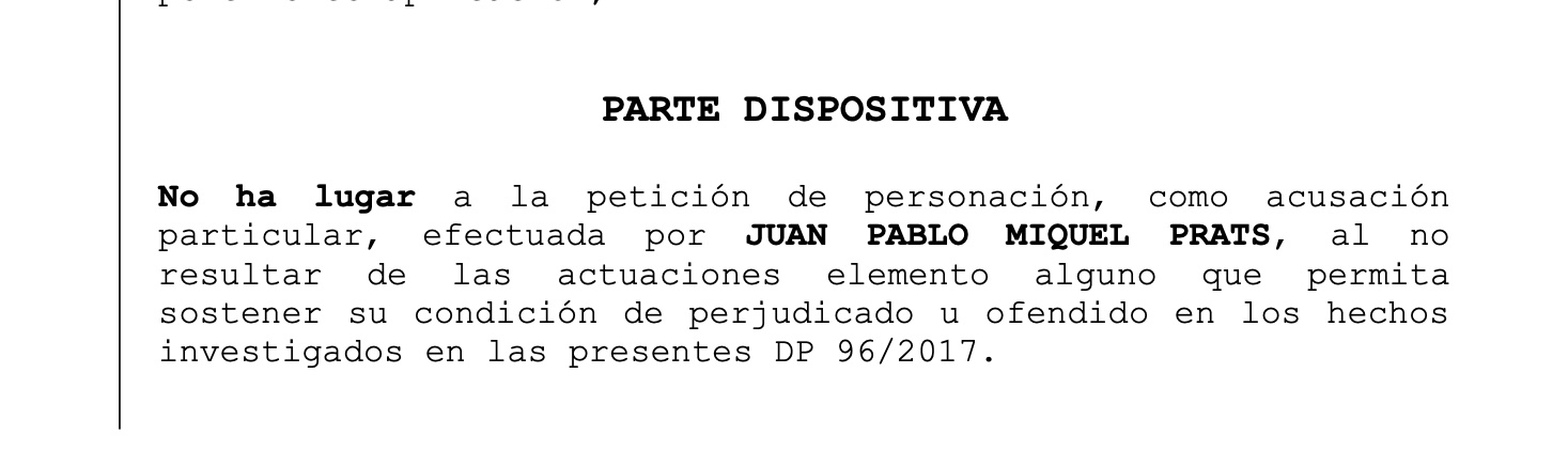 Part dispositiva de la interlocutòria de García Castellón amb què denega la personació de la BPA a la causa Tàndem/Quico Sallés