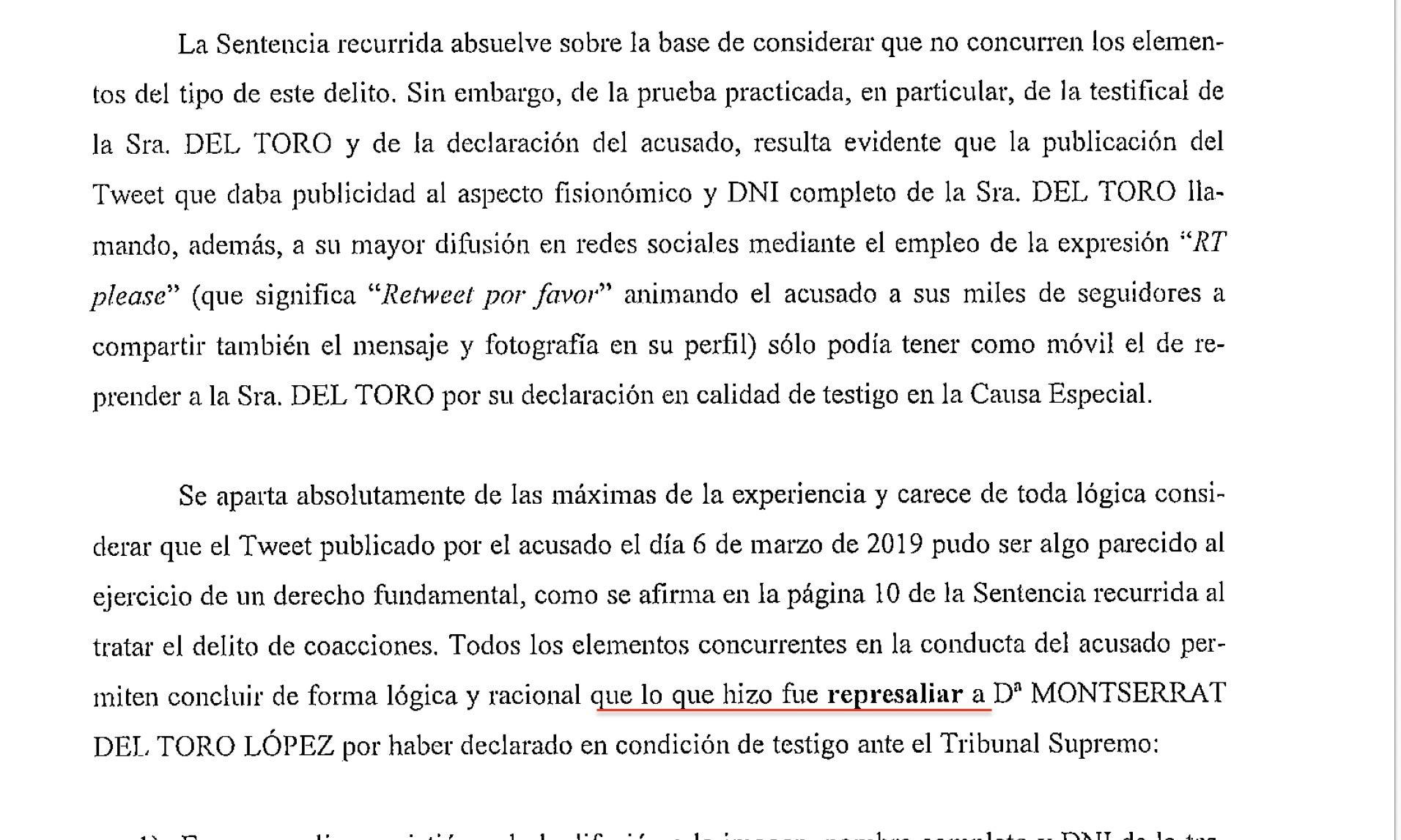 Part del recurs de l'advocacia de l'Estat on assegura que Montserrat del Toro és una represaliada/Quico Sallés