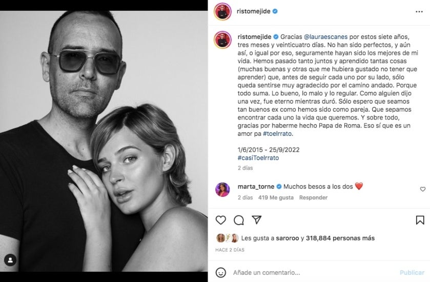Risto va anunciar la separació de Laura Escanes en un comunicat - Instagram
