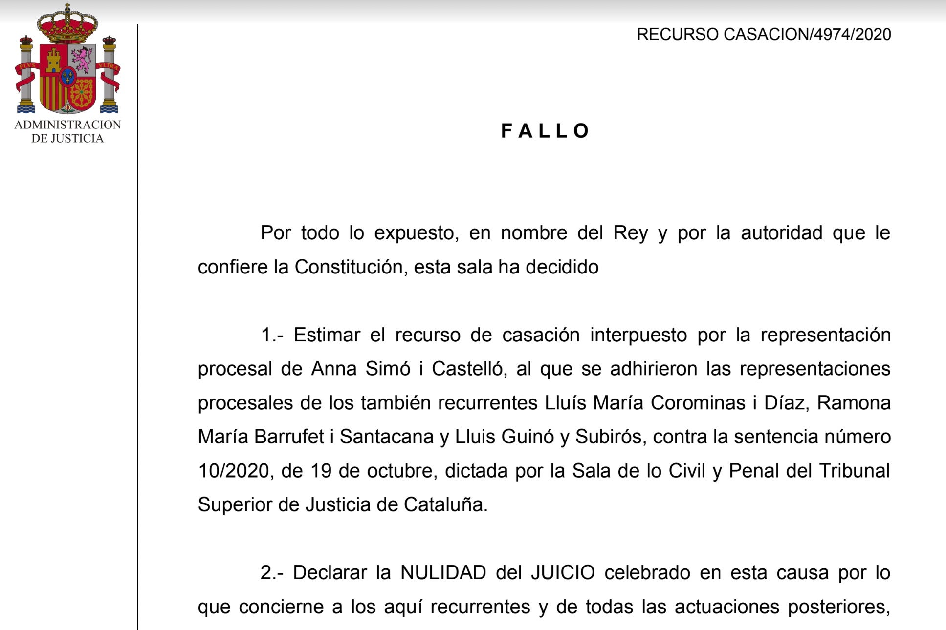 Part dispositiva de la sentència de la mesa de Forcadell/QS