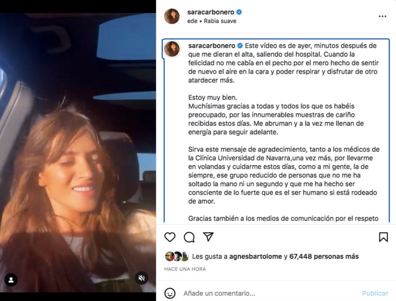 Primeres paraules de Sara Carbonero en rebre l'alta - Instagram