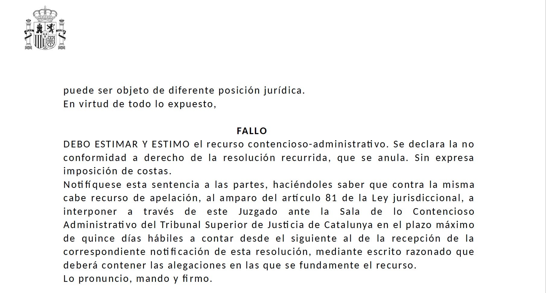 La part dispositiva de la resolució que treu la pena a Donaire/Quico Sallés