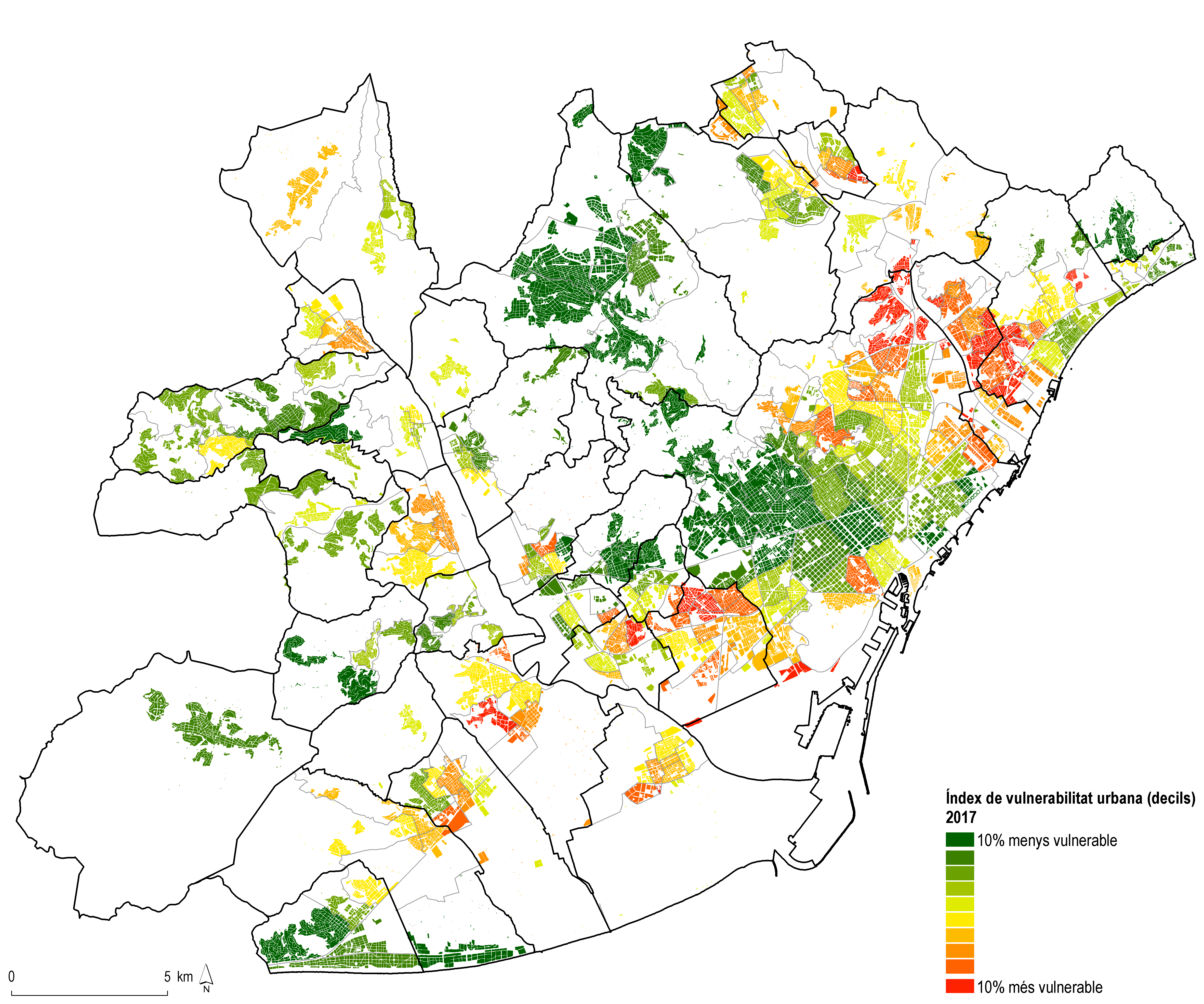 Mapa 1. Índex de vulnerabilitat urbana. Àrea metropolitana de Barcelona, 2017 (Font IERMB)