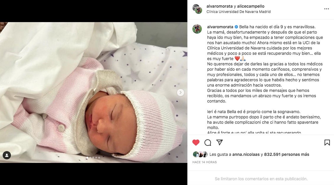Alice Campello i Álvaro Morata anuncien el naixement de la seva filla - Instagram