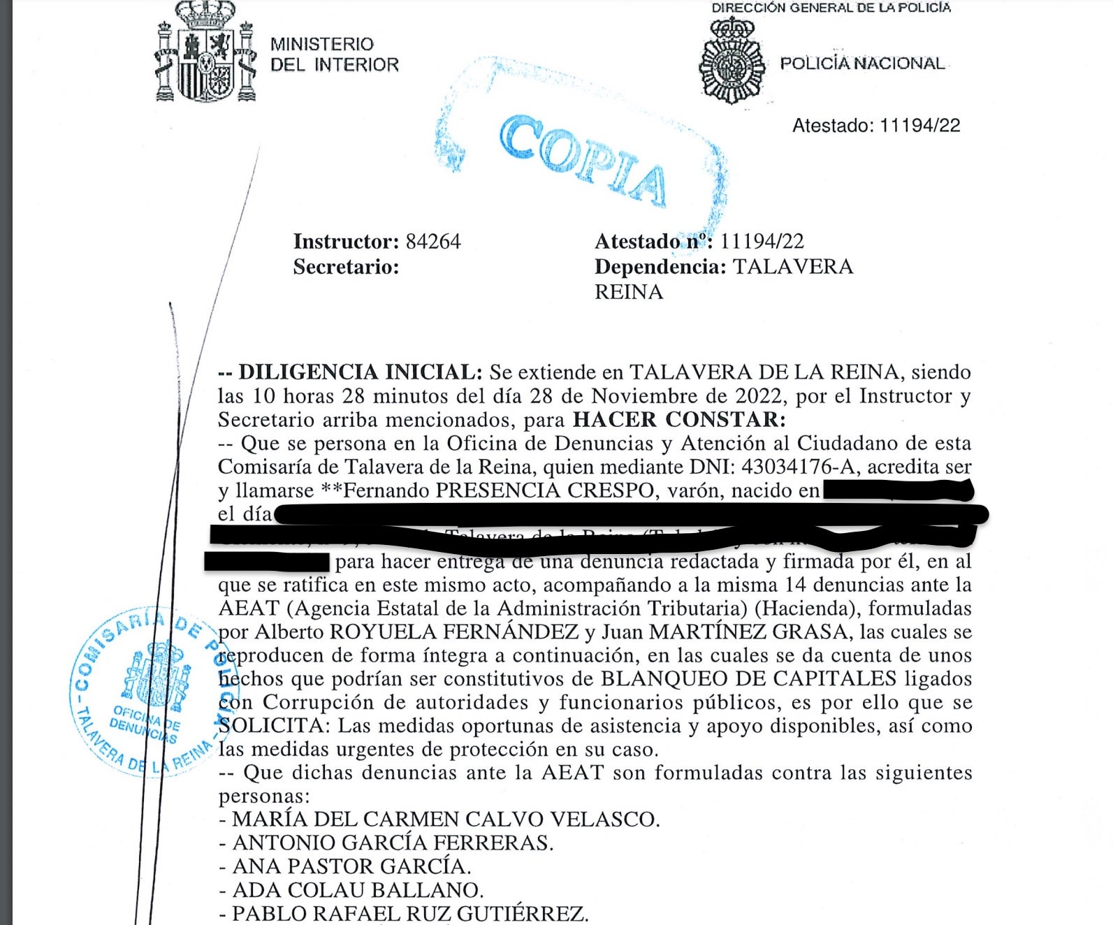 Denuncia aportada per Presencia contra diverses personalitats davant la policia per frau i evasió fiscal/ACOPDA