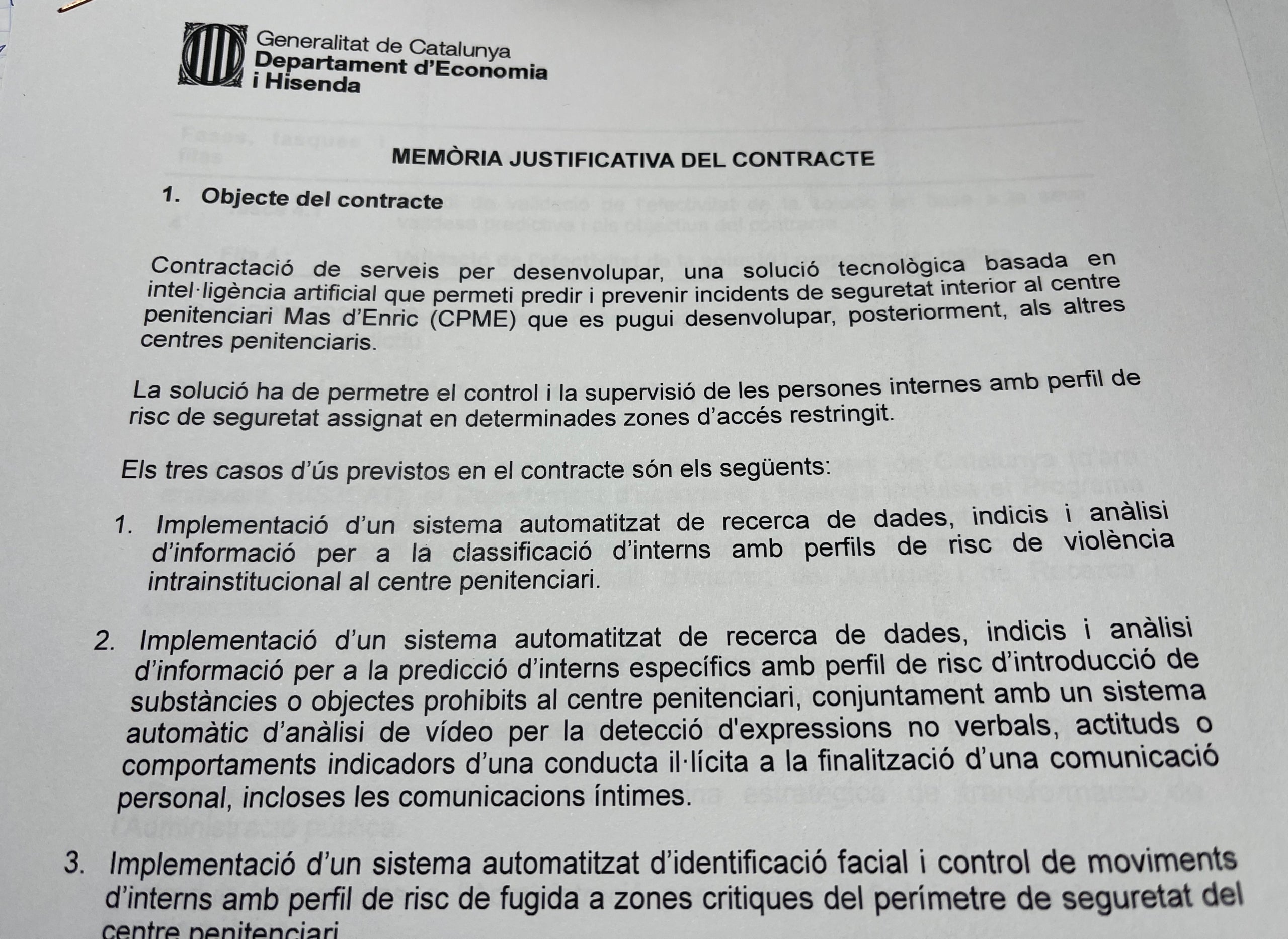 Part de la memòria justificativa del projecte d'intel·ligència artificial a les presons/Quico Sallés