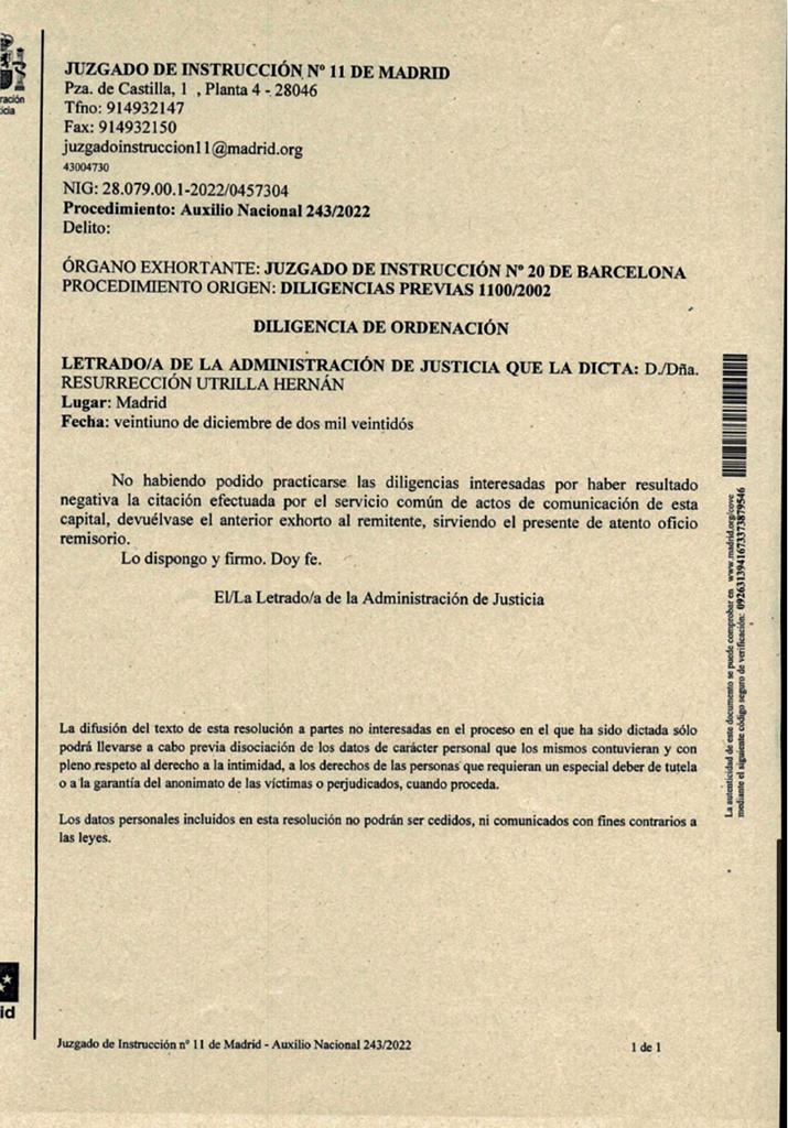 La diligència del jutge comunicant que no ha pogut comunicar amb Casado/GAI