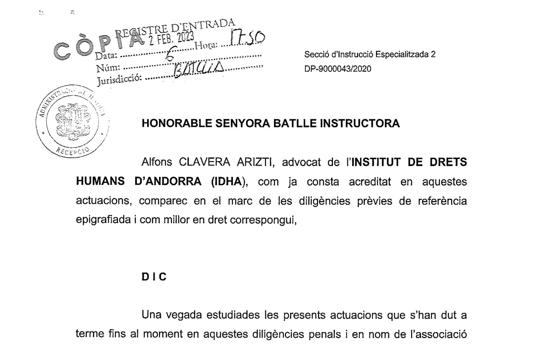 Capçalera de l'escrit presentat a la batlle andorrana per tal que demani explicacions a Espanya sobre l'aturada de les comissions rogatòries/Quico Sallés
