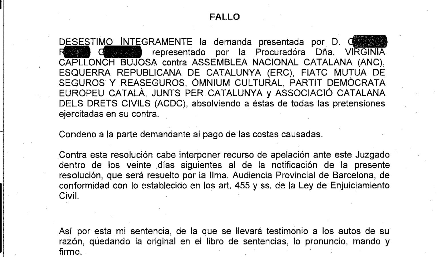 Parte dispositiva de la sentencia de la reclamación del caso Almeces contra las entidades soberanistas
