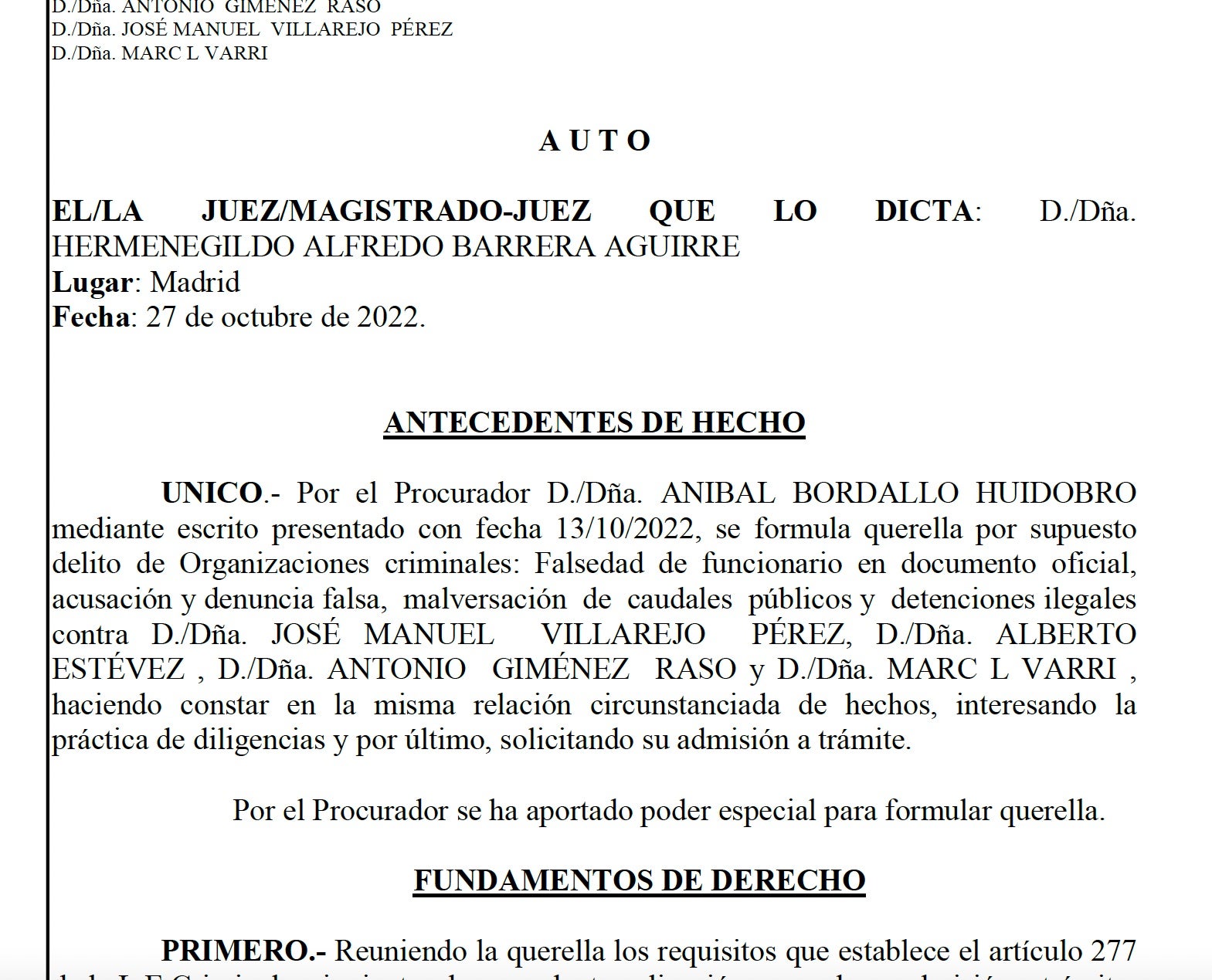 Interlocutòria amb què s'admet a tràmit la querella de Rosell/QS