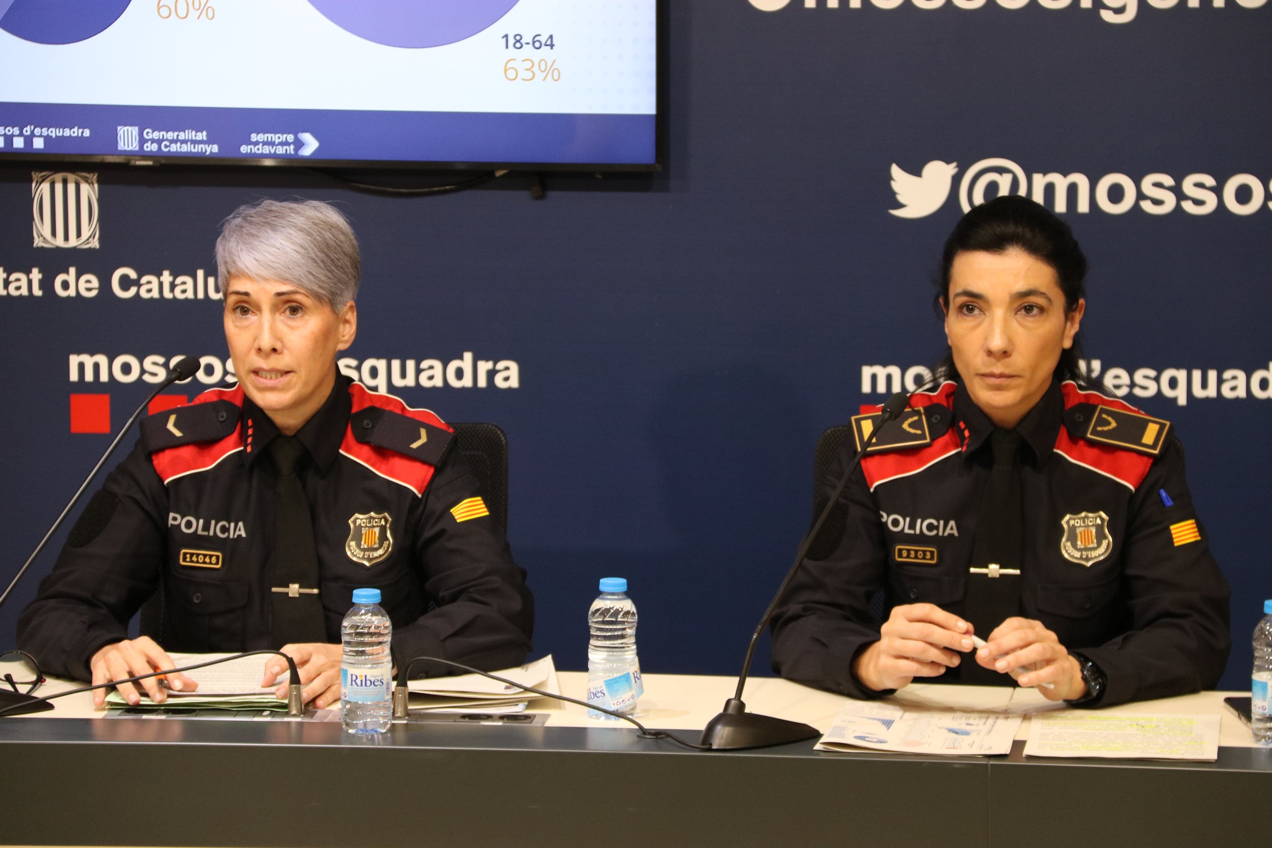 La cap de l’Oficina d’Atenció a les Famílies de les Persones Desaparegudes, la caporala Laura Villanueva, i la portaveu del cos i cap de l’Àrea Tècnica de Proximitat i Seguretat Ciutadana, la inspectora Montserrat Escudé, durant la roda de premsa | ACN (Maria Aladern)