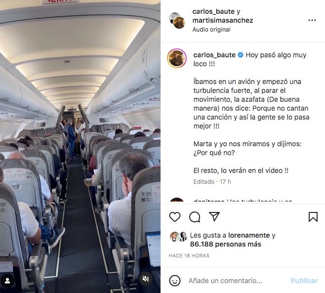 Els passatgers d'un vol, sorpresos per l'aparició de Marta Sánchez i Carlos Baute - Instagram