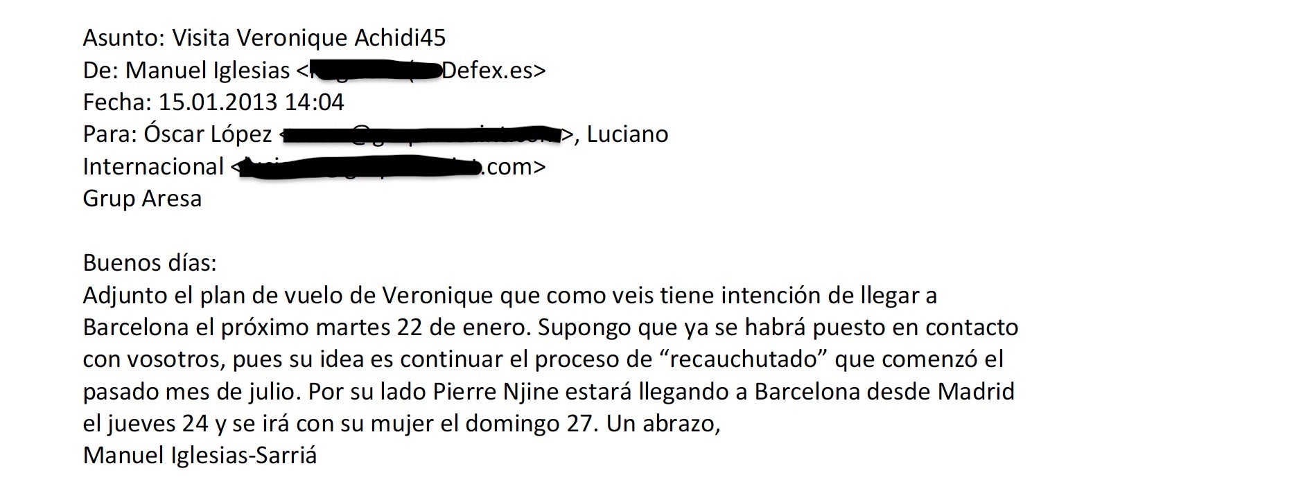 Uno de los mails entre Defex donde explican las operaciones de cirugía estética/QS