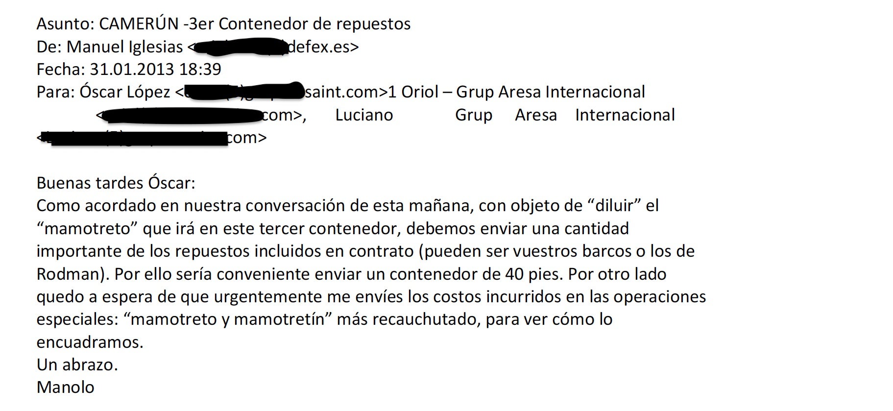 Uno de los mails entre Defex donde explican las operaciones de cirugía estética/QS