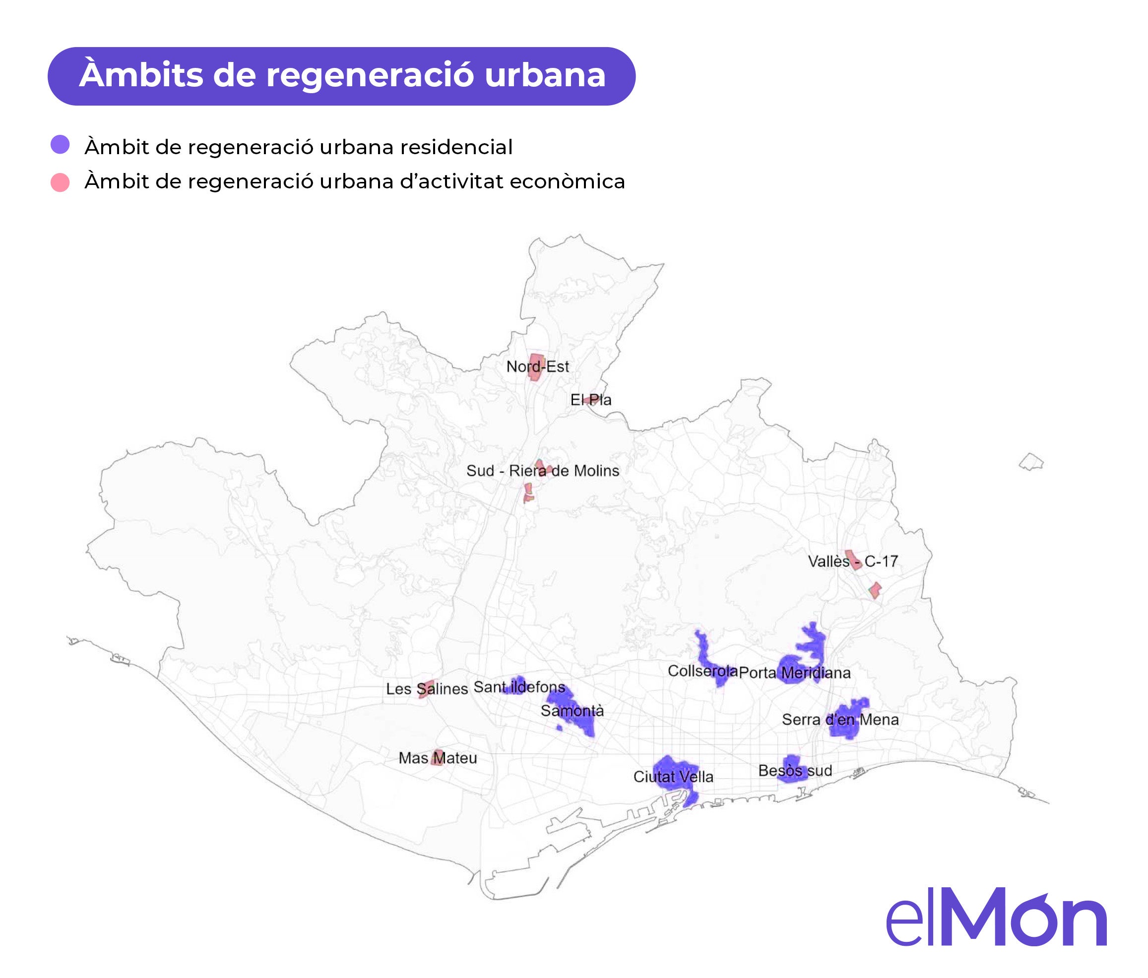 Mapa dels Àmbits de regeneració urbana que tenen com a objectiu millorar el medi urbà i la cohesió social dels teixits existents