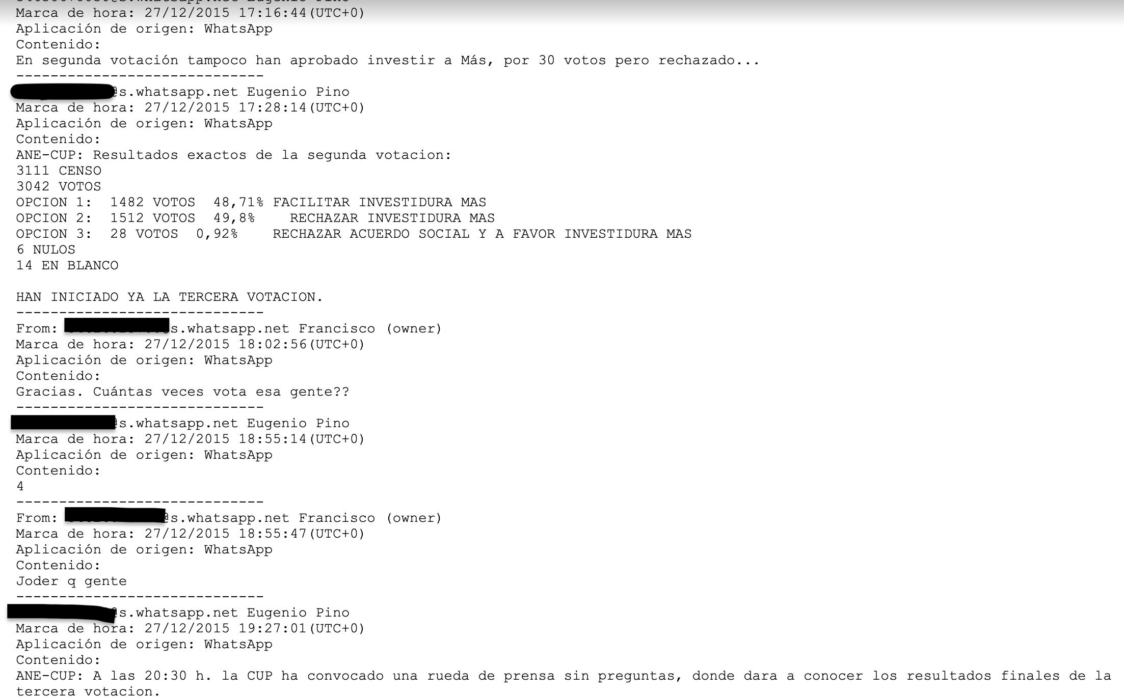 Part de la cadena de whatsapps sobre l'Assemblea de la CUP entre Pino i Martínez/Quico Sallés