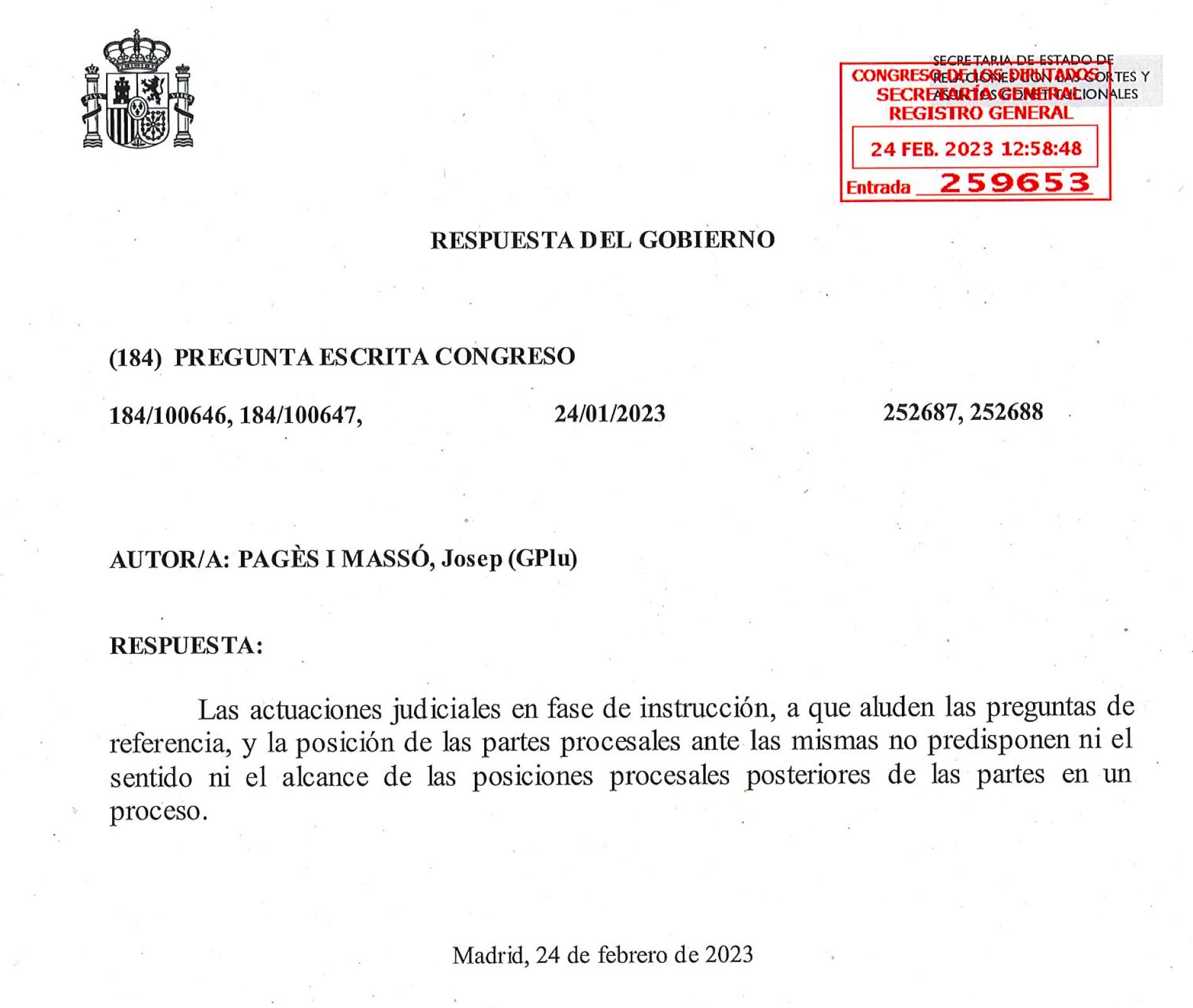 La resposta parlamentària de la Moncloa respecte la petició d'aclariment sobre quin delicte de malversació es demana a l'exili/QS
