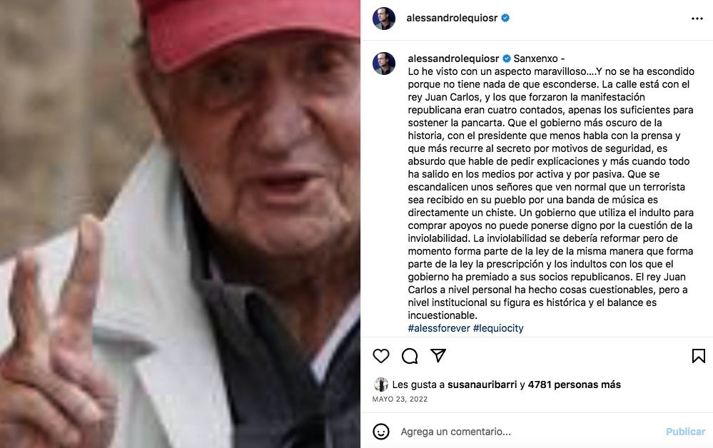 Alessandro Lequio sempre aplaudeix la figura de Joan Carles de Borbó - Instagram