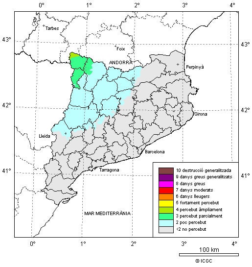 Mapa de la simulación de intensidades percibidas en Cataluña por el terremoto | Cedida al ACN por el ICGC