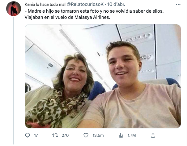 L'última foto d'una mare i el seu fill que viatjaven al vol 370 de Malaysia Airlines, desaparegut des del 2014 | Twitter