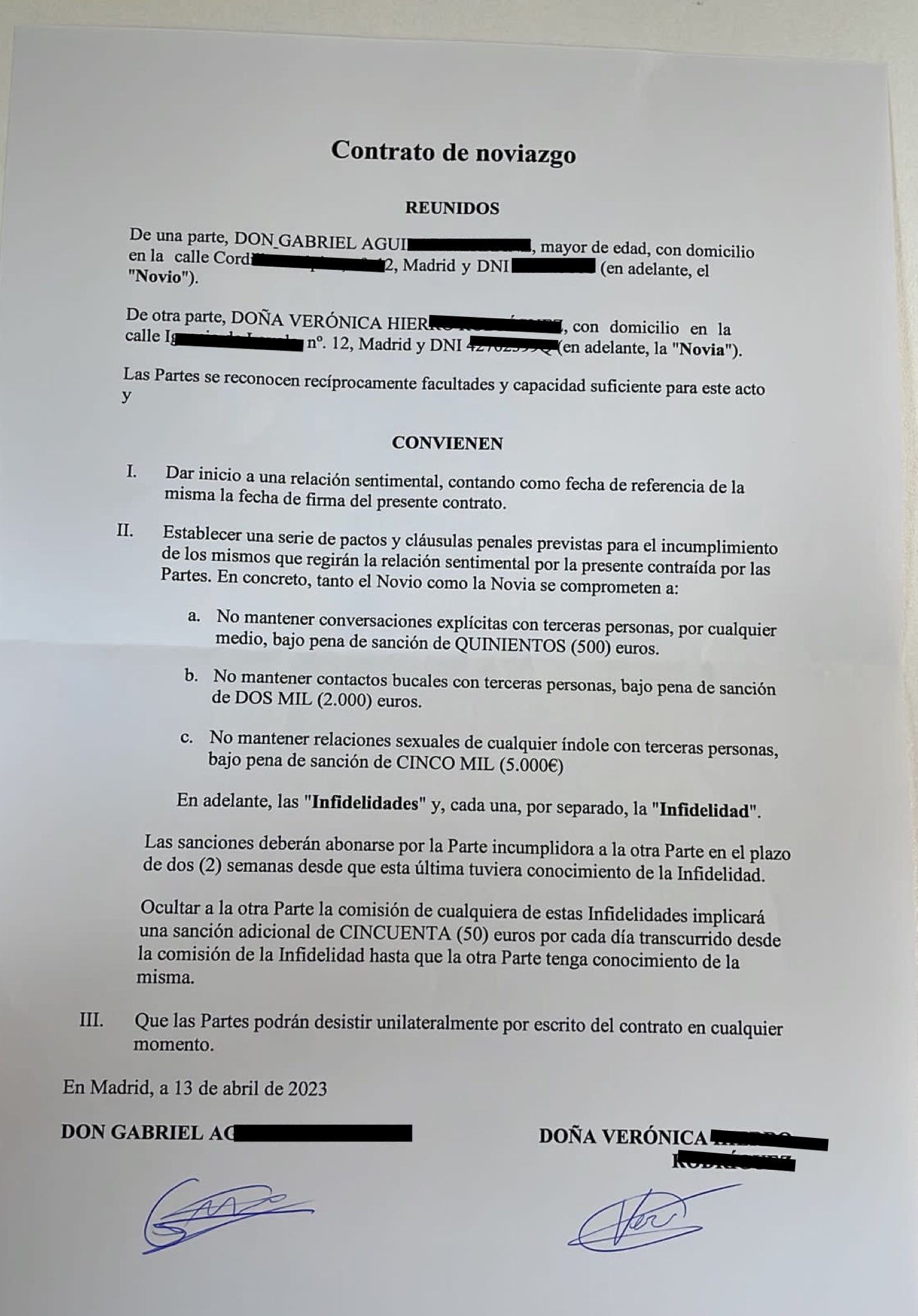 Imatge del contracte firmat per una parella de Madrid sobre les seves infidelitats / @ceciarmy