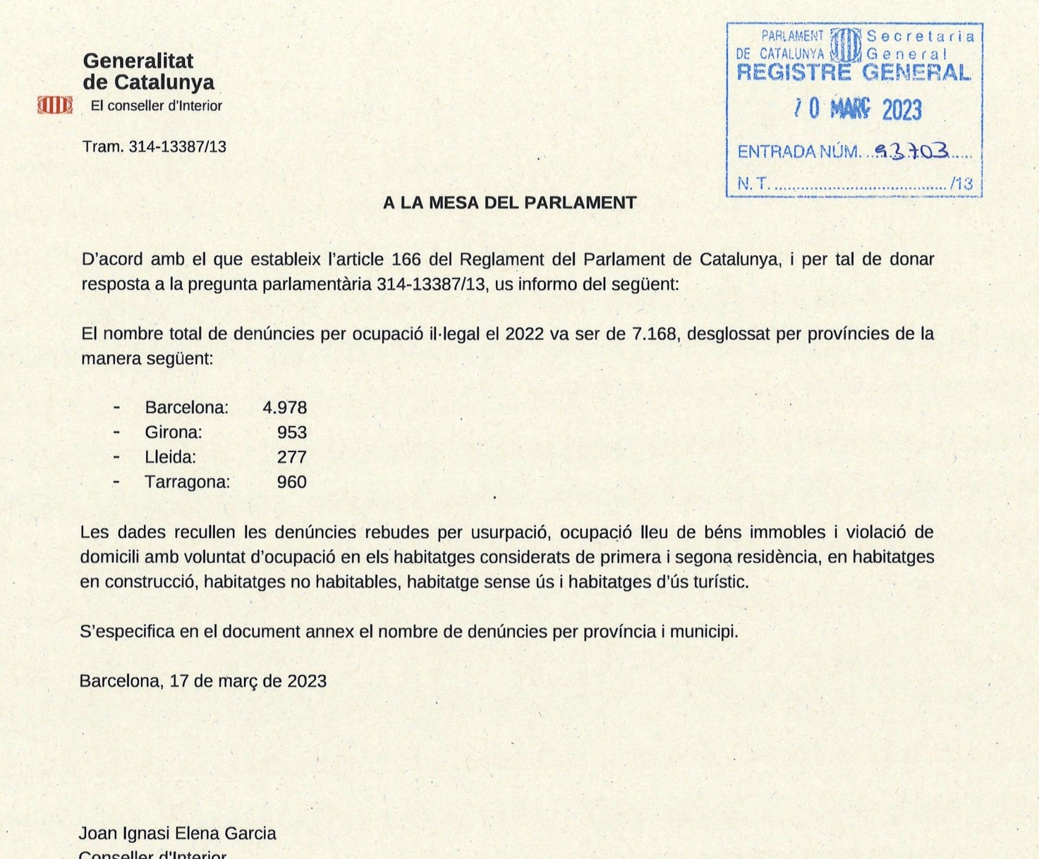 Resposta parlamentària sobre les denúncies per ocupacions/QS
