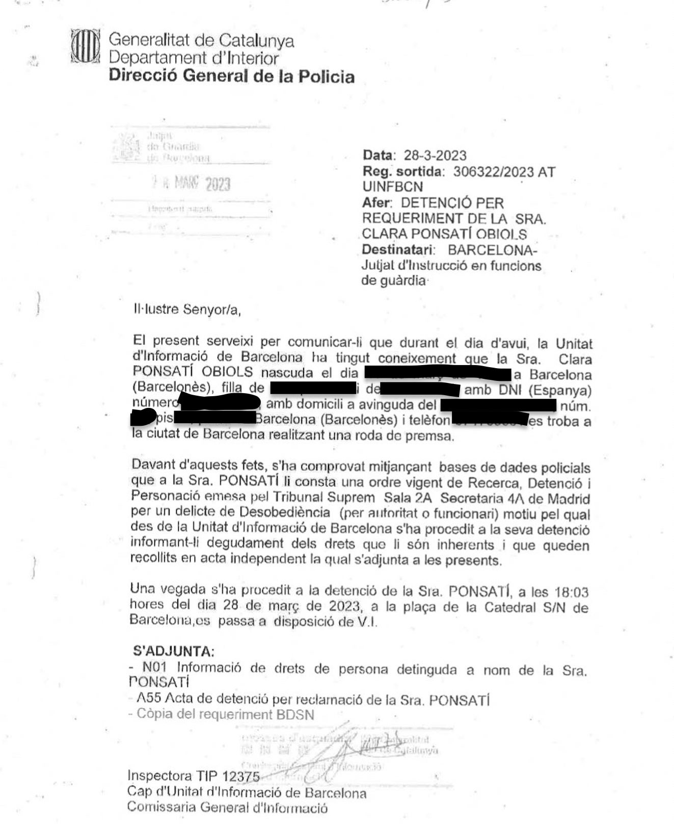 Atestado de los Mossos sobre la detención de Ponsatí/QS
