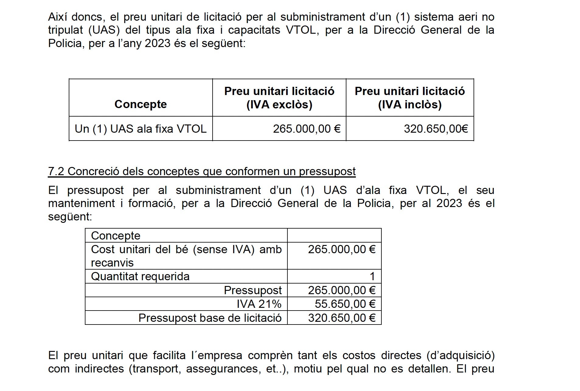 Part de la memòria justificativa de l'adquisició d'un dron/QS